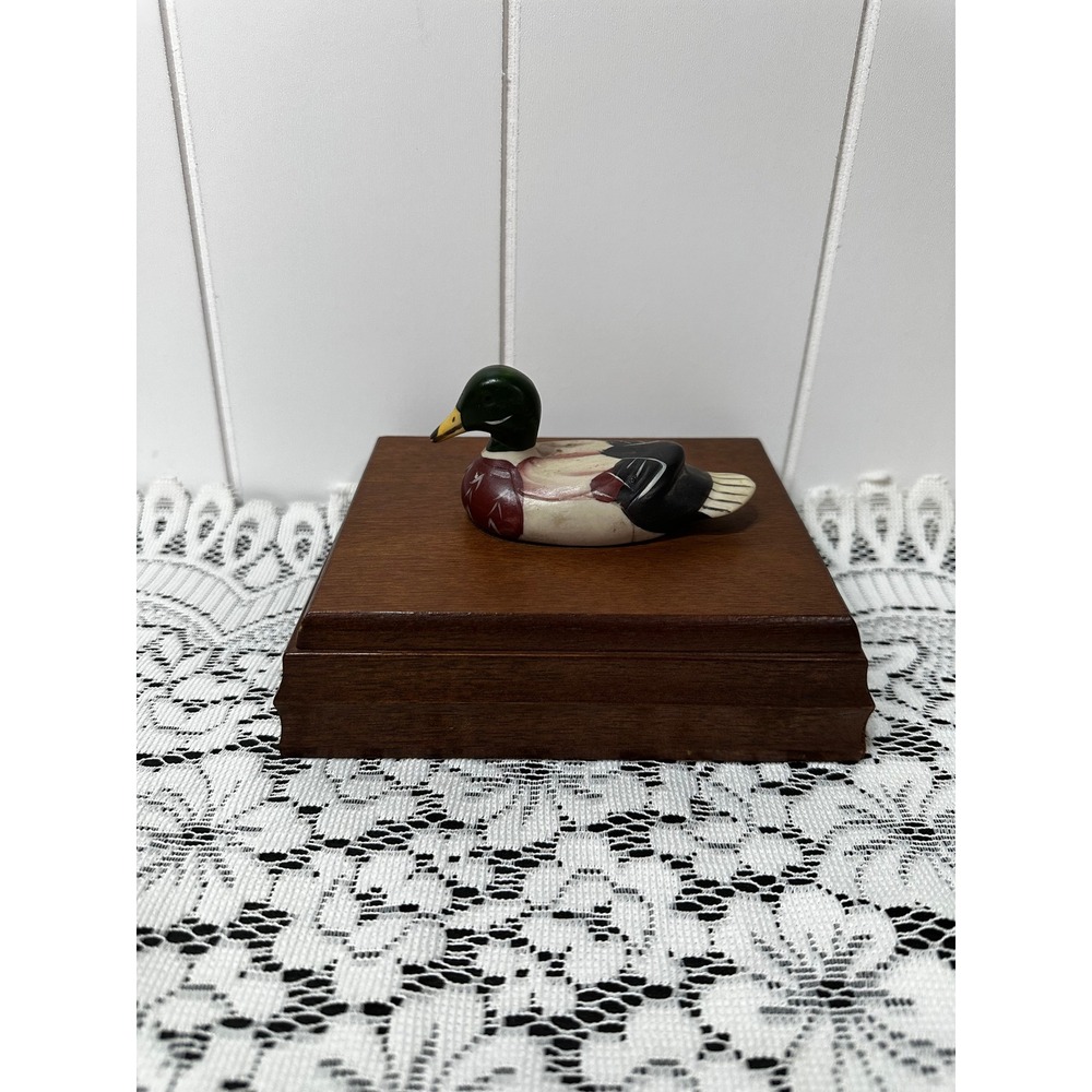 Vintage Hand Painted Ceramic Mallard Duck Figurine on Wood Pedestal Base